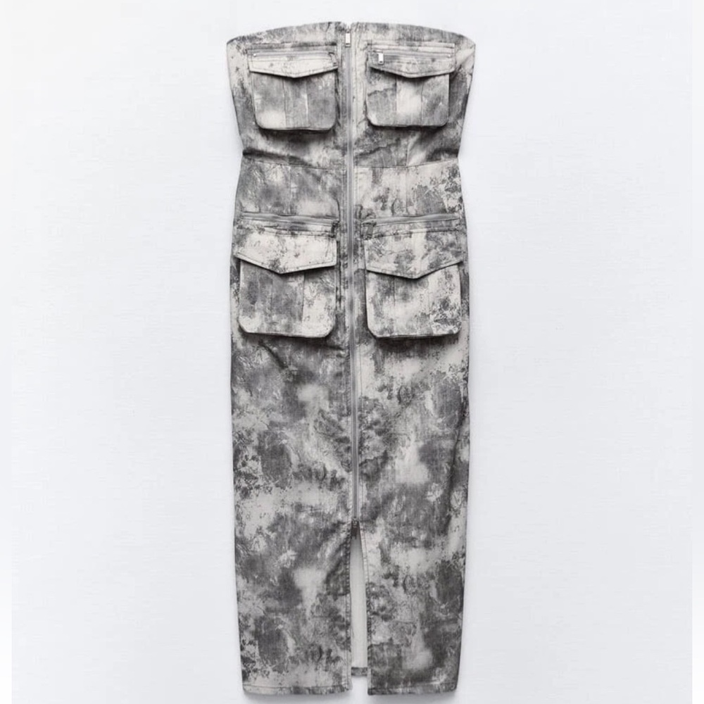 Zara Strapless Dress Cargo Utility Midi Camo Print body con NWT XS Blogger Fave - Picture 2 of 11